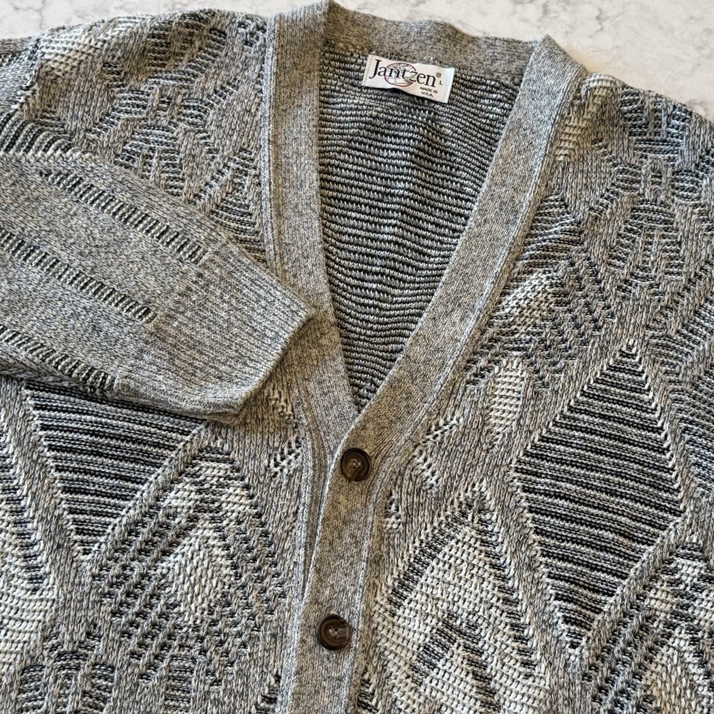 Vintage Jantzen Men's Large Cardigan Sweater Geometric Coogi Style Made in USA